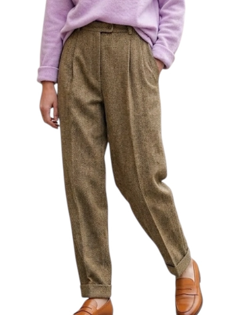 Vintage 90s Y2K wool blend brown tweed herringbone pleated old money trousers 14